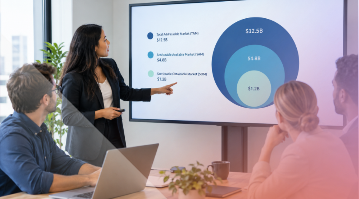 business professionals pointing to a market-sizing presentation visual