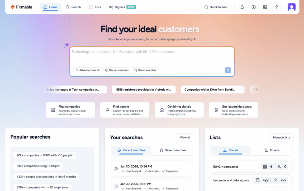 Firmable homepage with SFO query
