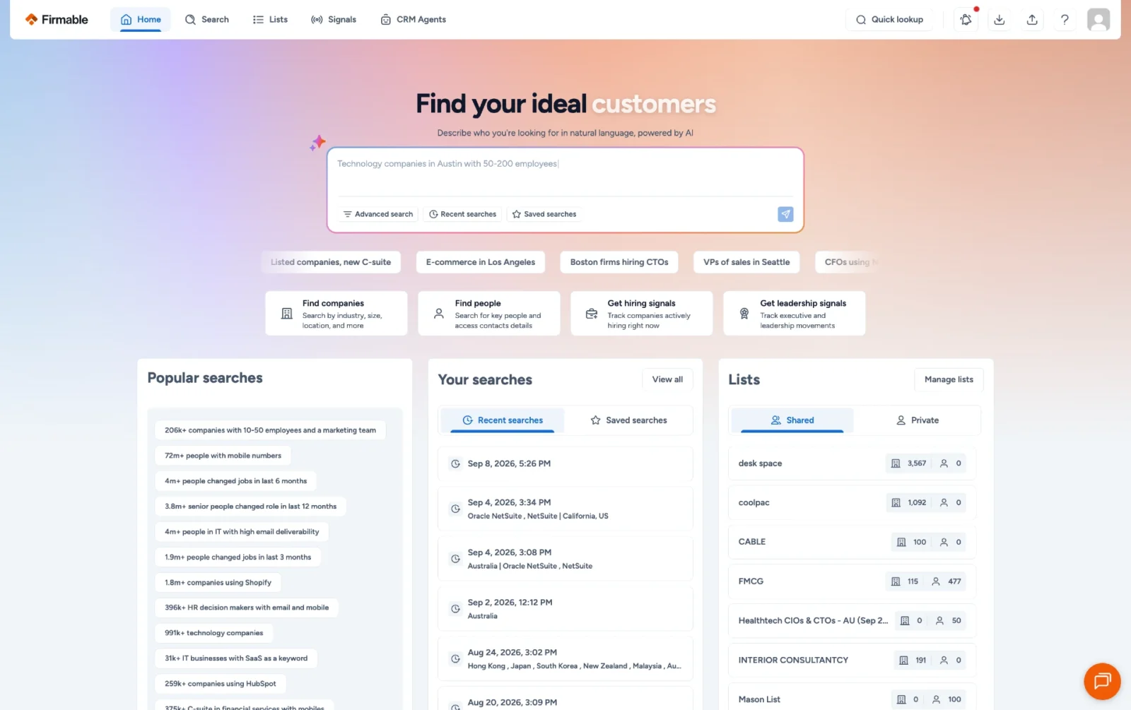 Firmable Dashboard showing AI search for Austin companies